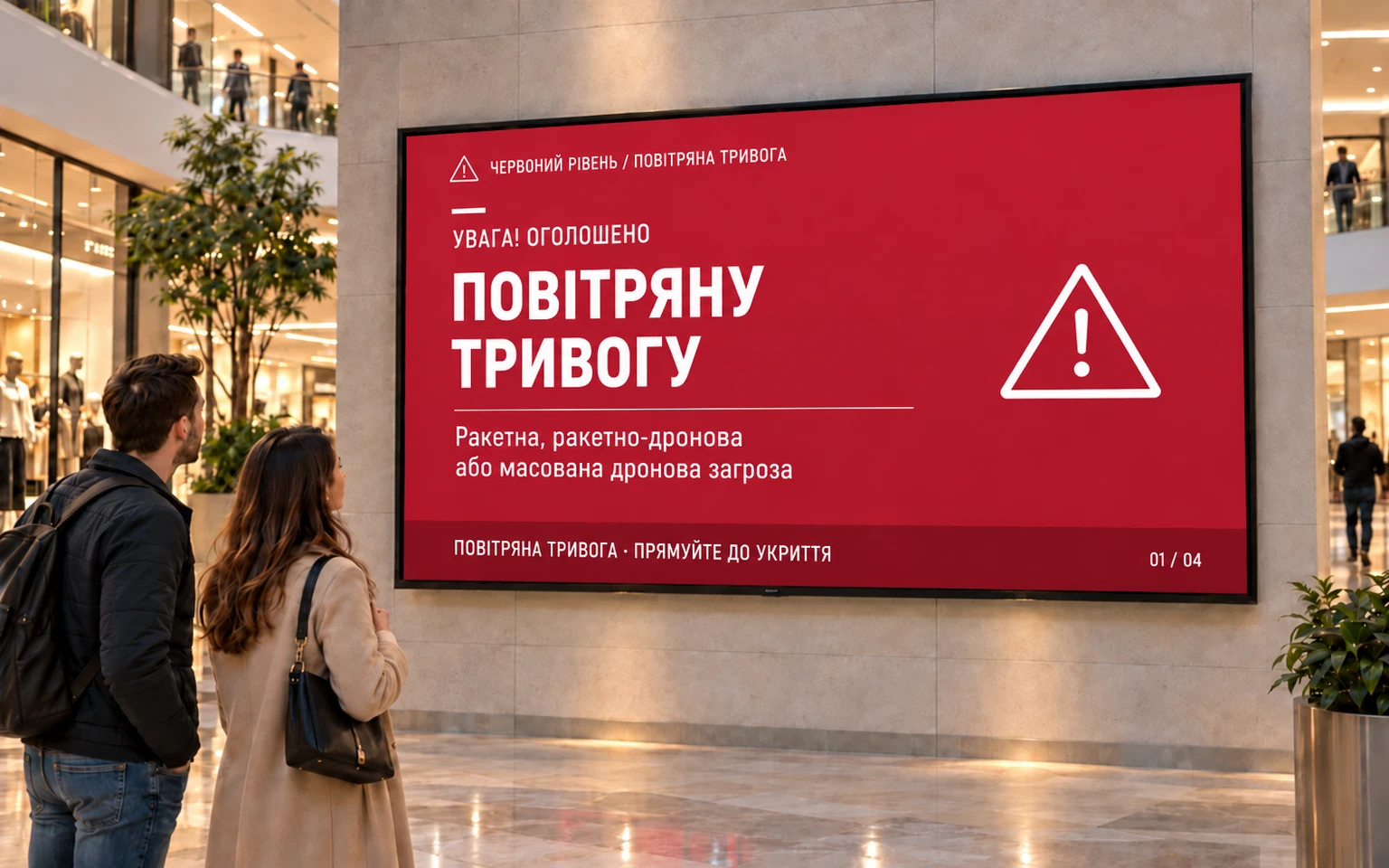 Оповіщення про повітряну тривогу на екрані в торговому центрі