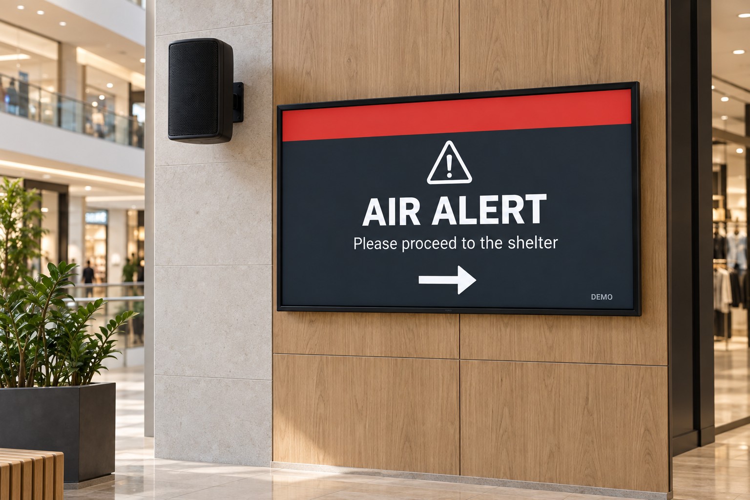 Ilustración de un aviso audiovisual: altavoz y pantalla con un mensaje de alerta aérea de demostración