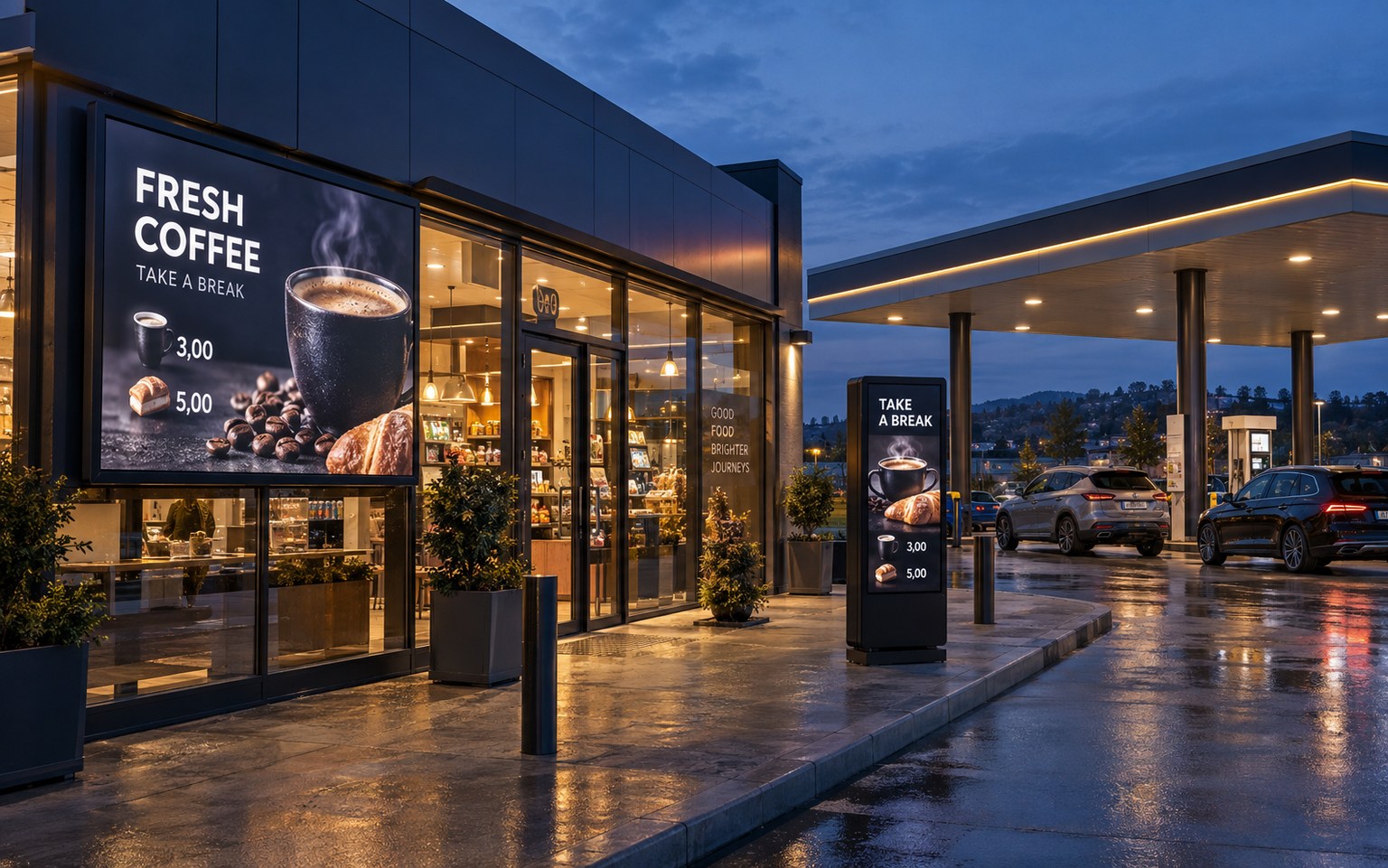 Outdoor displays and advertising totem at a petrol station