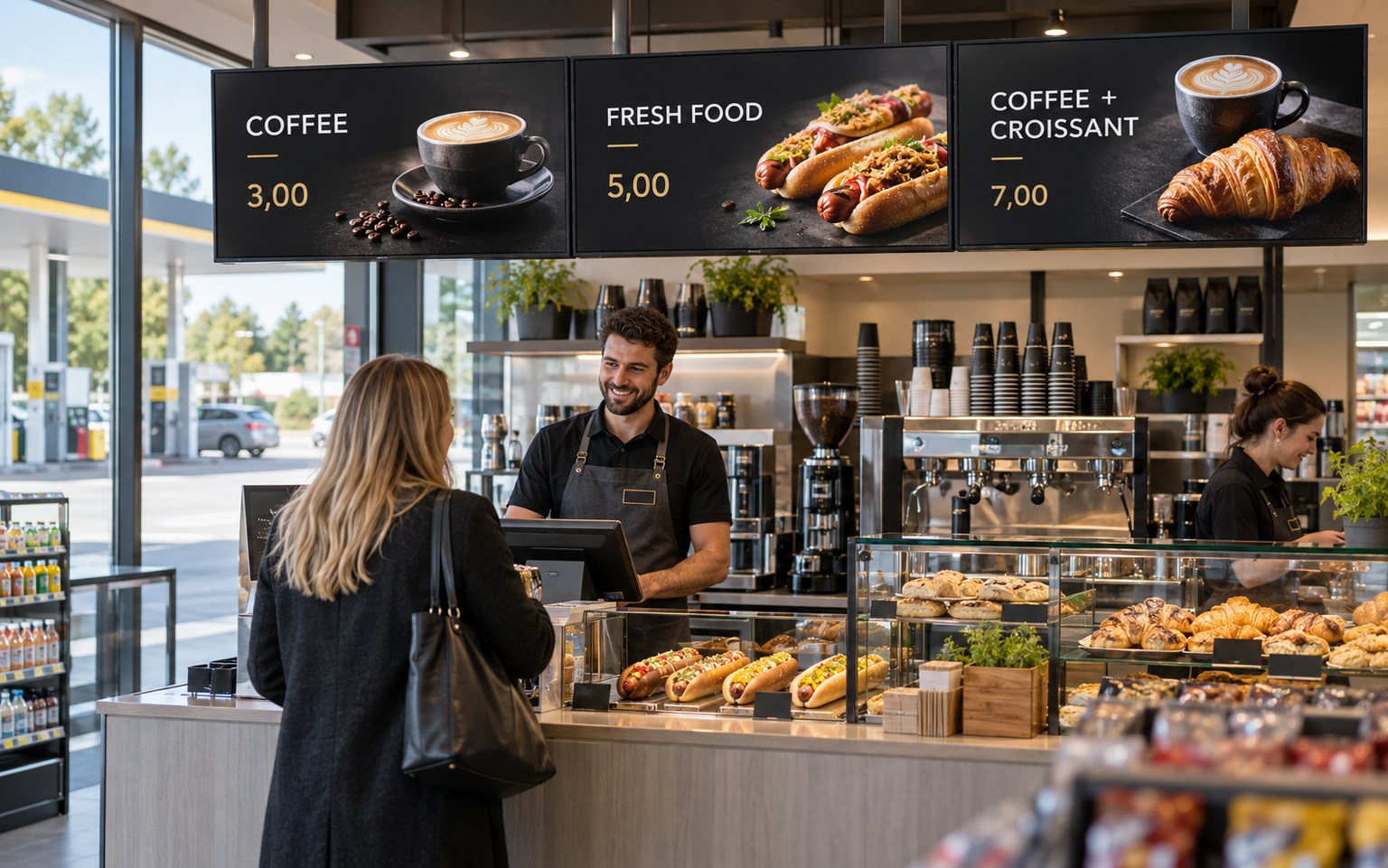 Digital coffee and snack menu at a petrol station