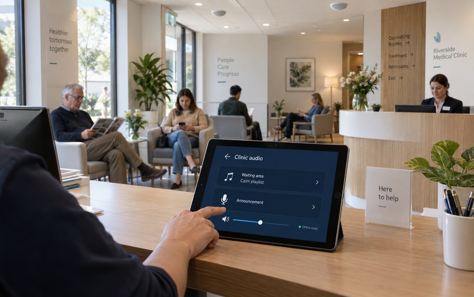 Managing background music and announcements in a clinic waiting area