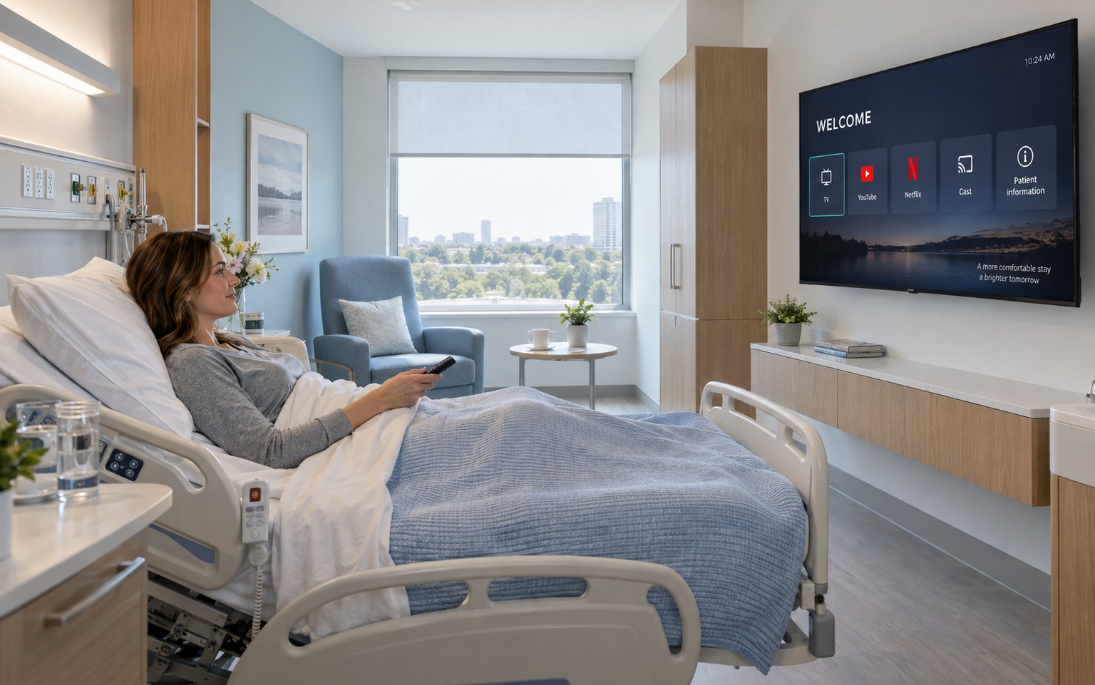 A television with Hospitality TV in a modern hospital patient room
