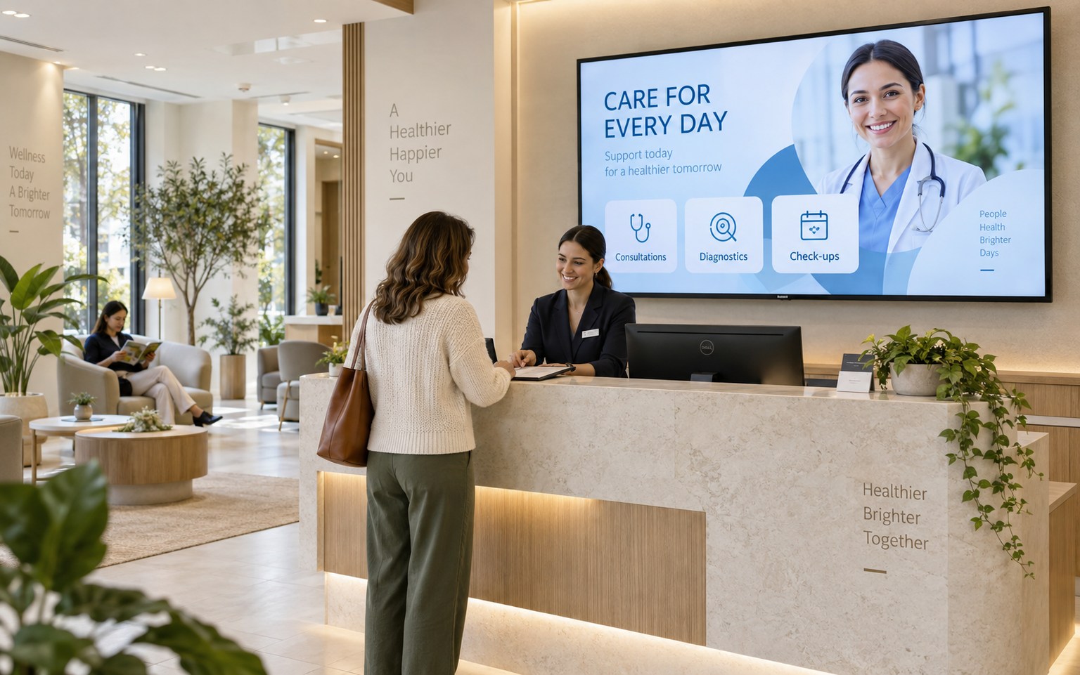 Clinic services displayed on a large reception screen