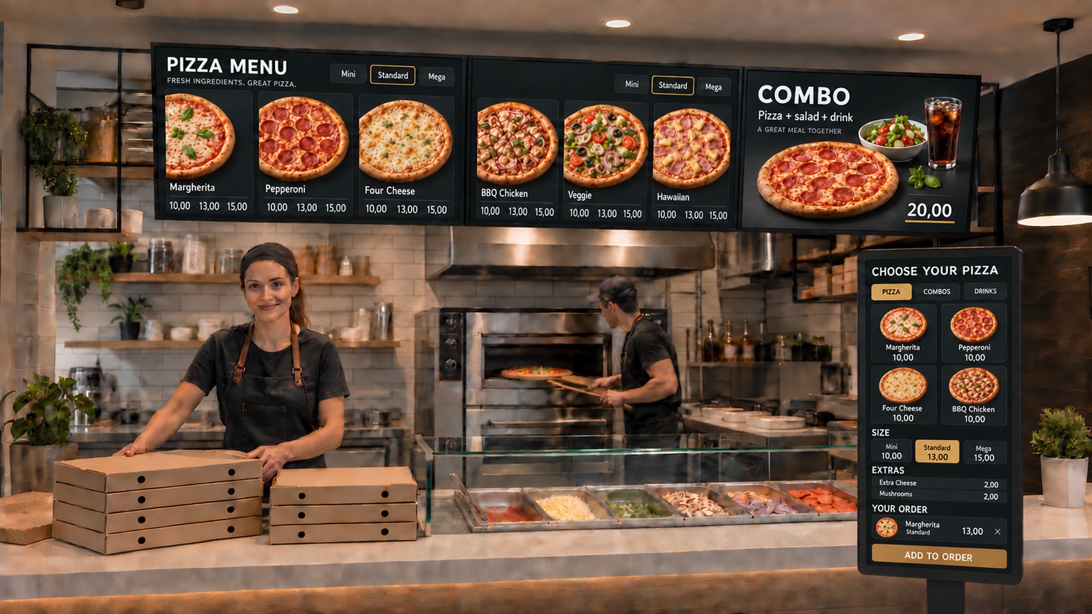 Tři obrazovky digitálního menu 16:9 a dotykový terminál pro samostatné objednávání na samostatném pultu v pizzerii