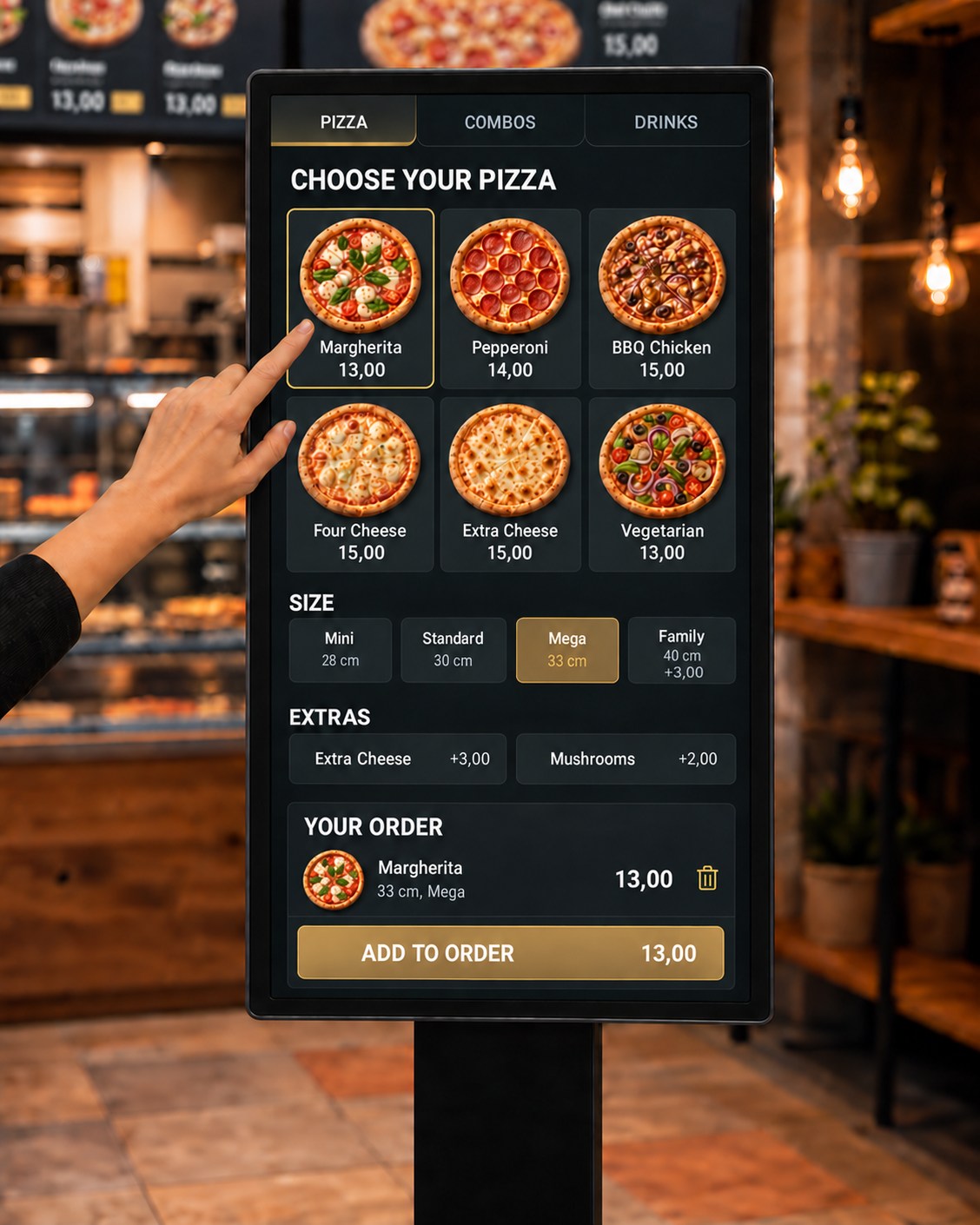 Ruka hosta vybírá pizzu na terminálu pro samoobslužné objednávky