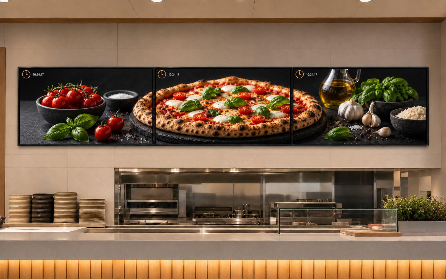 One pizza composition across three adjacent displays