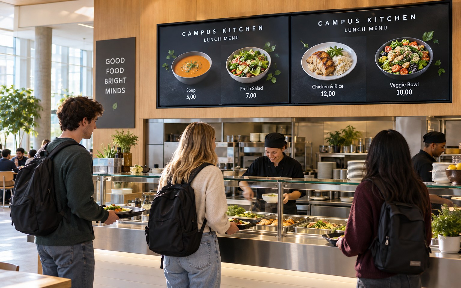 University cafeteria with two menu screens above the serving counter and students with trays