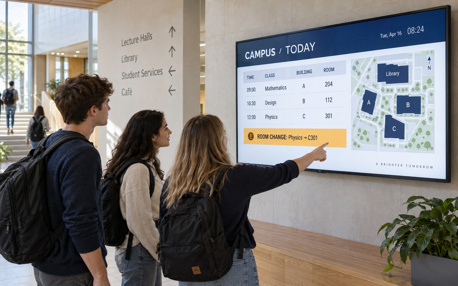 Students looking at a university display with class times, rooms and a campus map