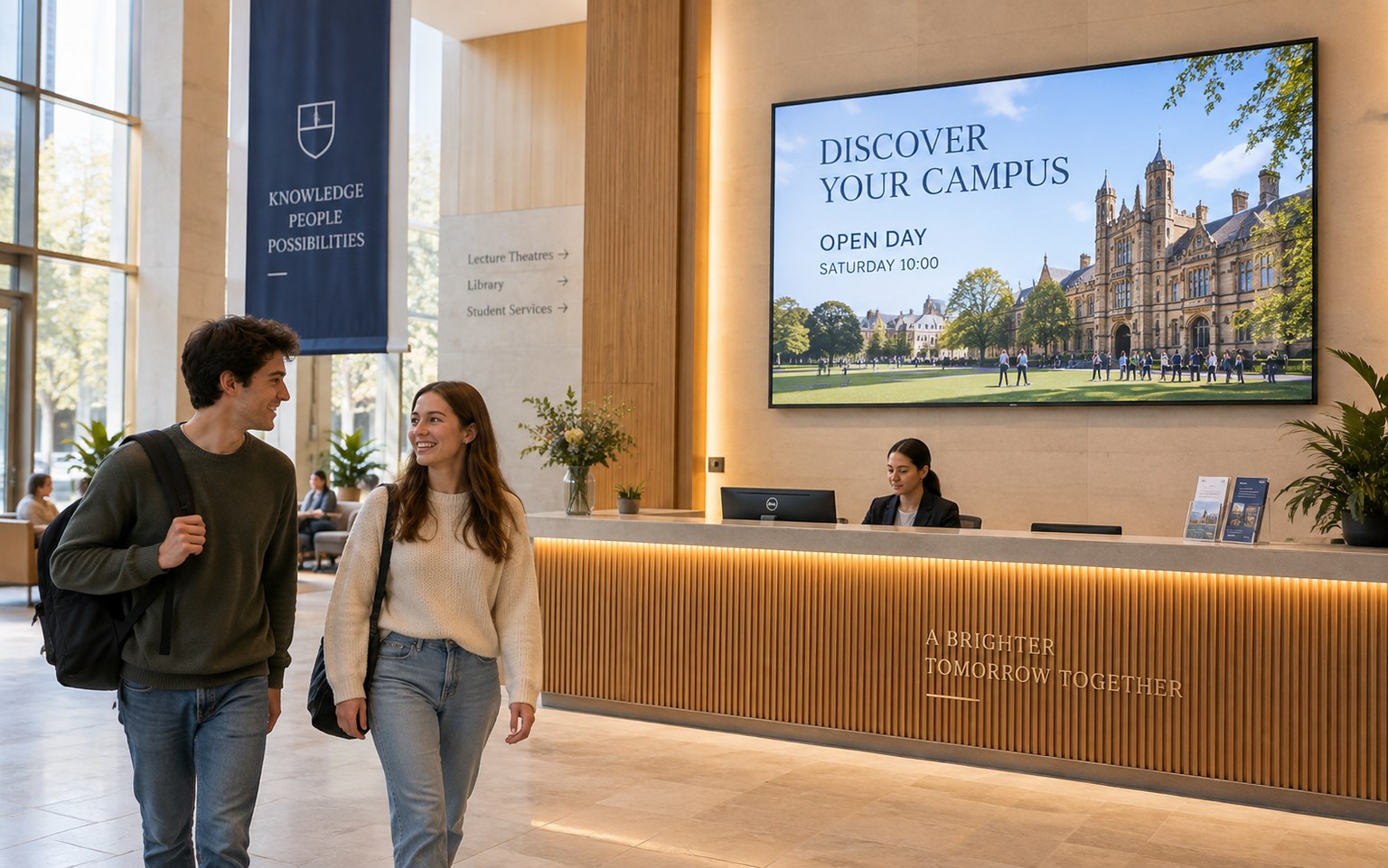 University lobby presentation display promoting an open day