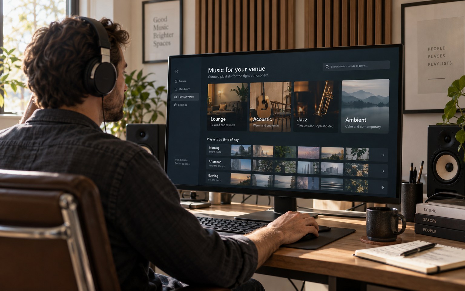 Music curator selecting playlists for business venues