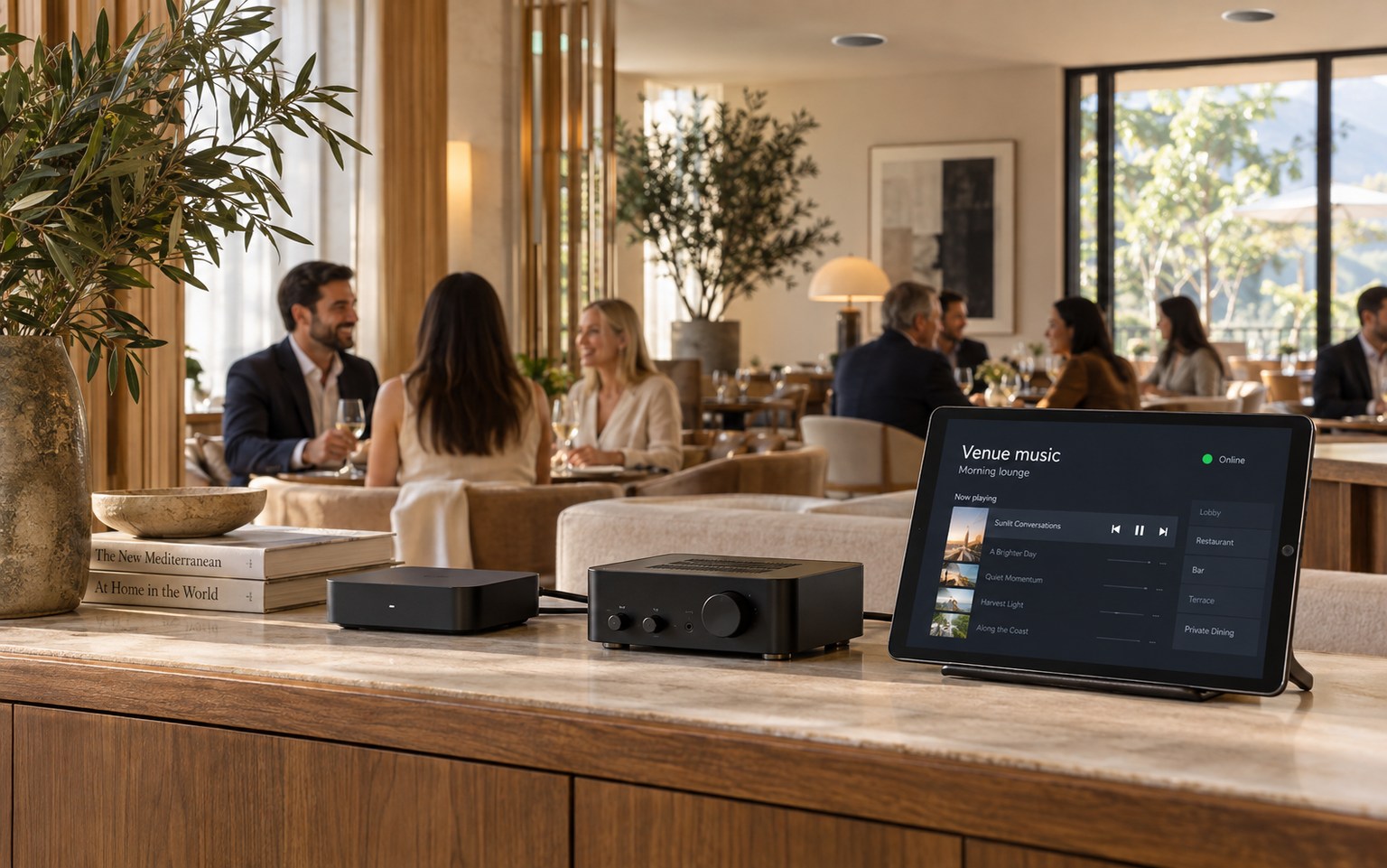 Media player, amplifier and music-control tablet in a restaurant