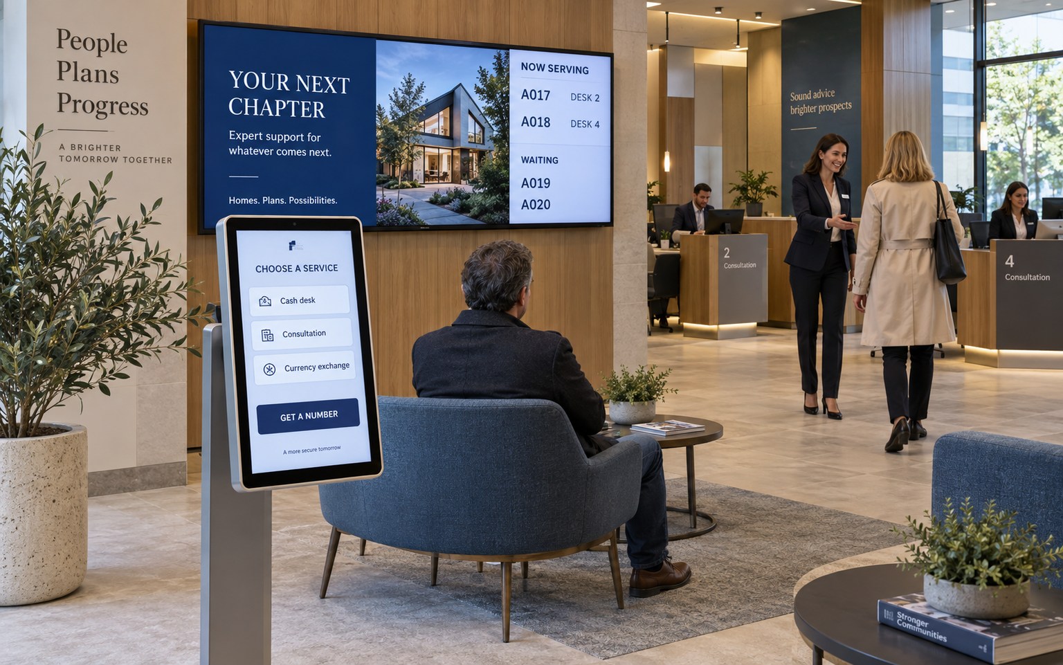 Service advertising and queue display in a bank branch