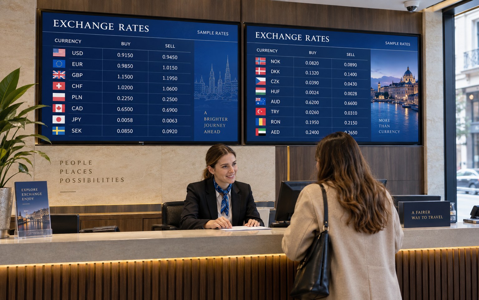 Two exchange-rate screens in a financial office