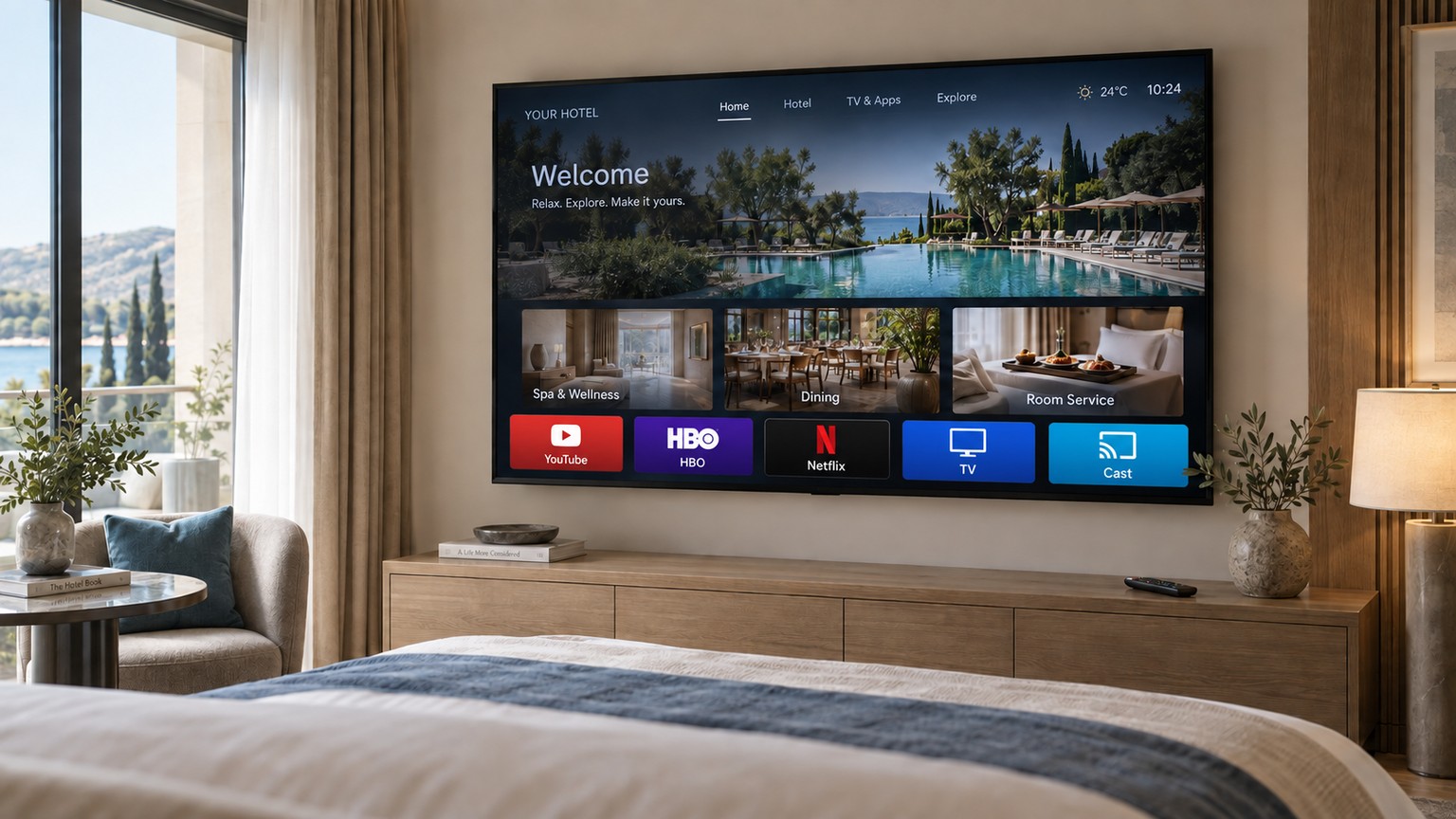 A hotel room TV with a branded interface, hotel services and entertainment apps