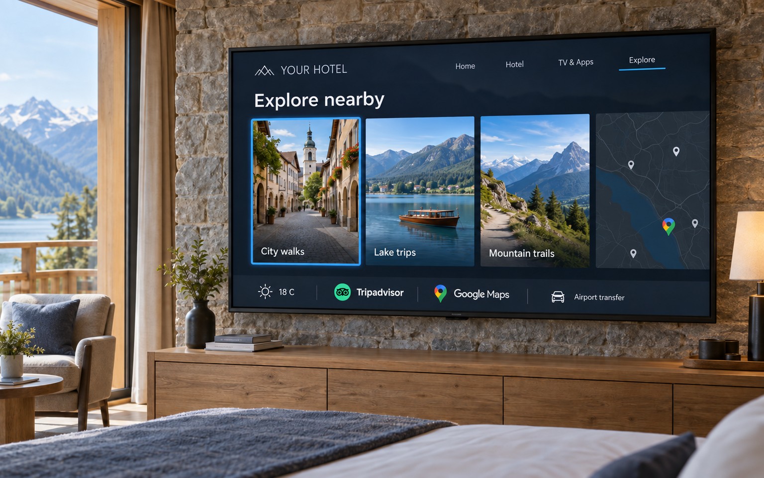 A hotel TV displaying local experiences, excursions, a map and weather