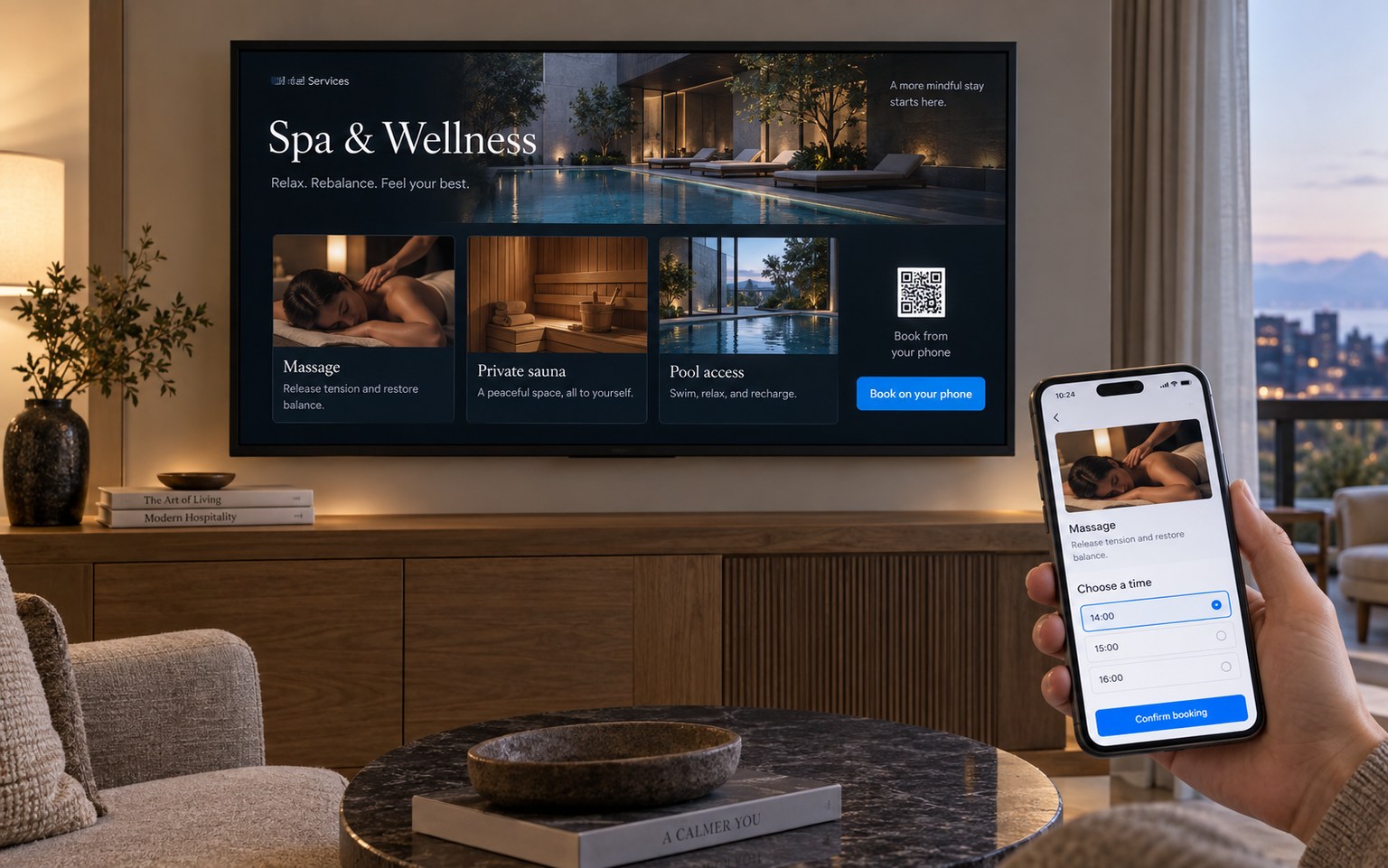 Spa services on a hotel TV and booking a time on a guest’s phone