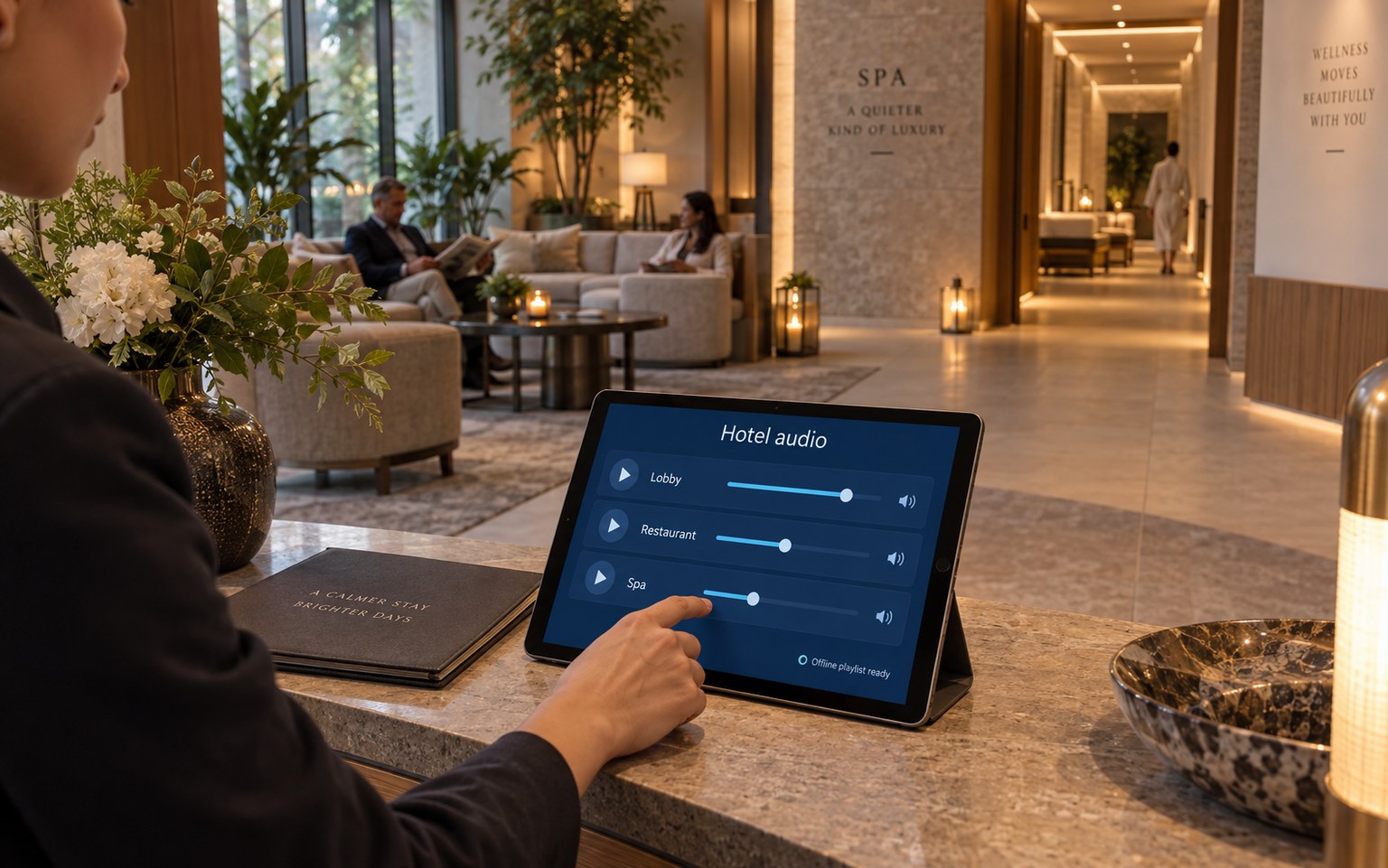 A tablet controlling music for a hotel lobby, restaurant and spa