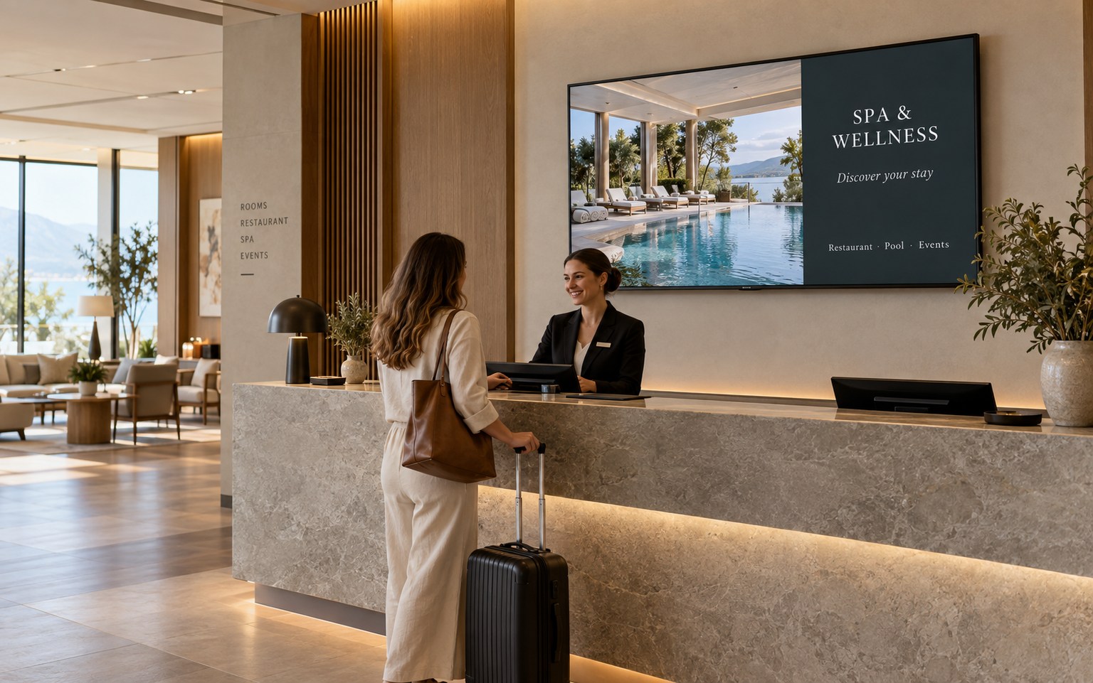 A large spa services screen behind a hotel reception desk