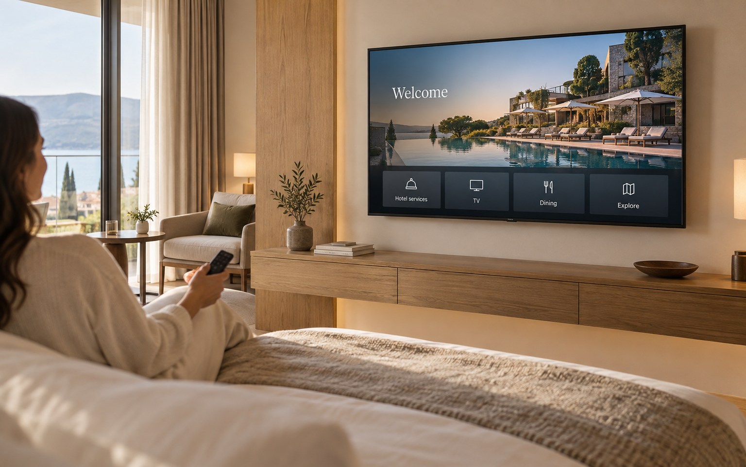 A hotel room TV with a branded interface and a guest holding a remote