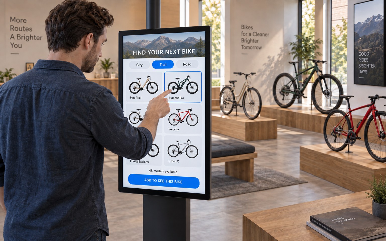 A shopper chooses a bicycle from a digital catalogue on a touchscreen in a bike shop