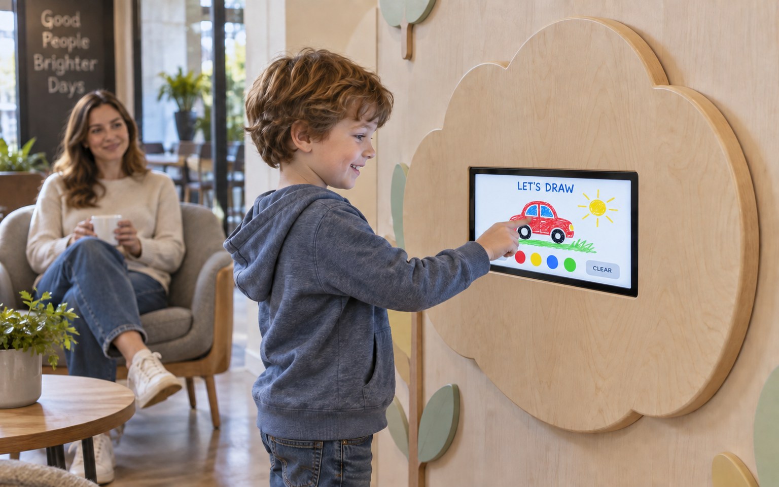 A child draws a car on a touchscreen in a cloud-shaped wooden enclosure