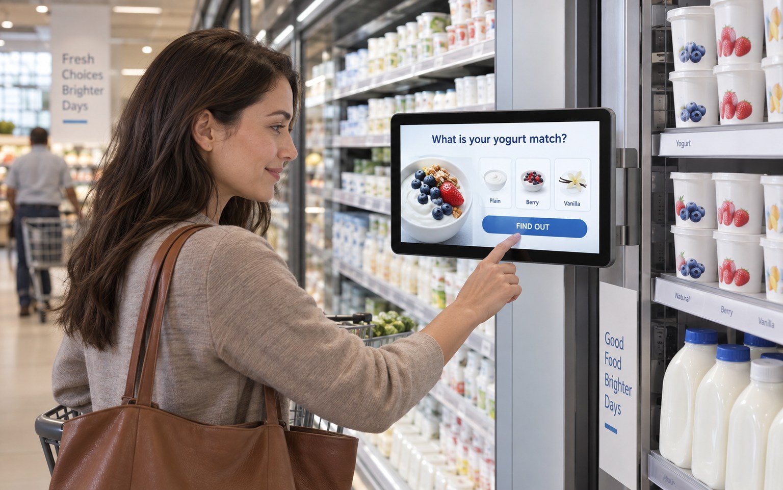 A shopper uses a compact touchscreen beside a yoghurt shelf
