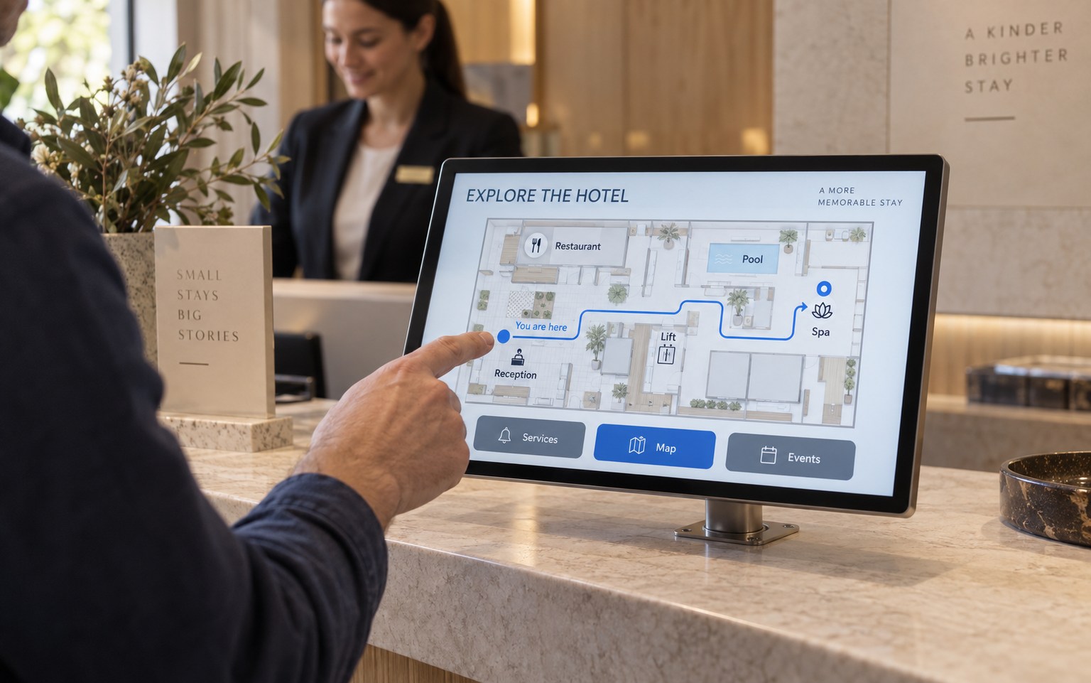 A guest uses a compact touchscreen with a hotel map on the reception counter