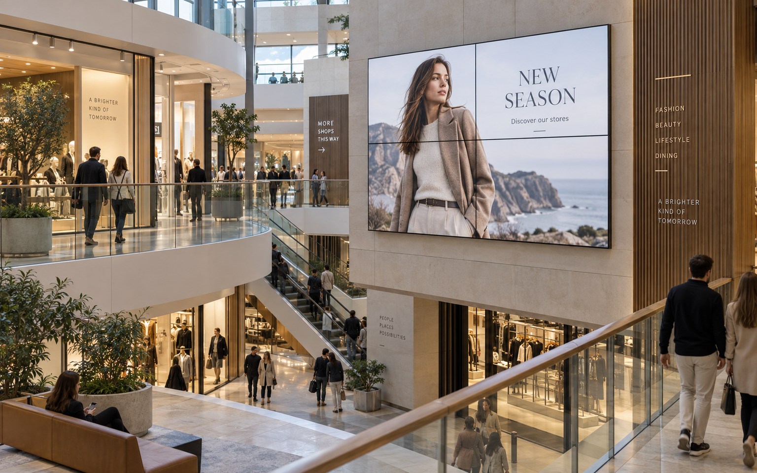 Large video wall in a shopping-centre atrium advertising stores