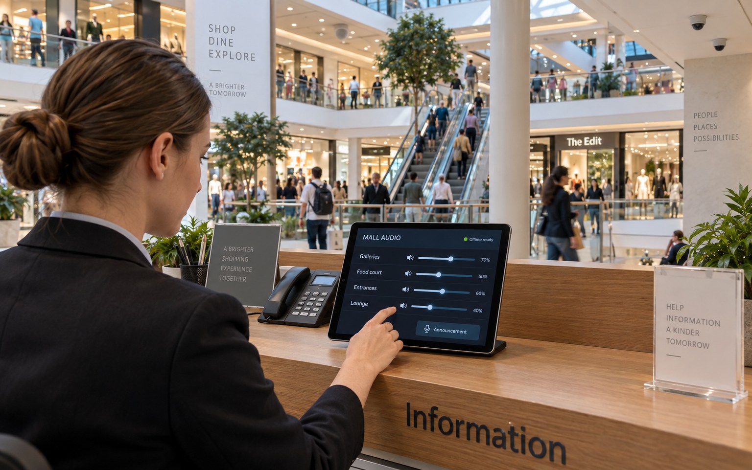 Audio-zone control panel at a shopping-centre information desk