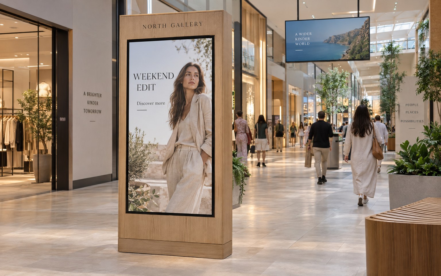 Vertical advertising totem with timber cladding and shopping-centre branding