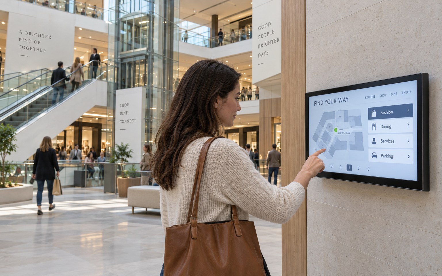 Visitor using a compact wall-mounted wayfinding touchscreen in a shopping centre