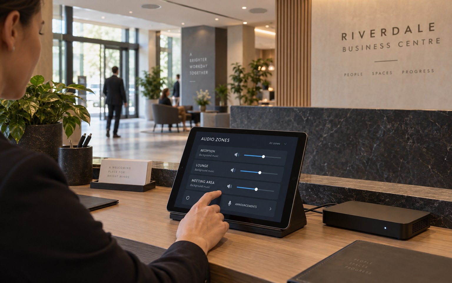 Managing music and volume for separate audio zones at a business-centre reception