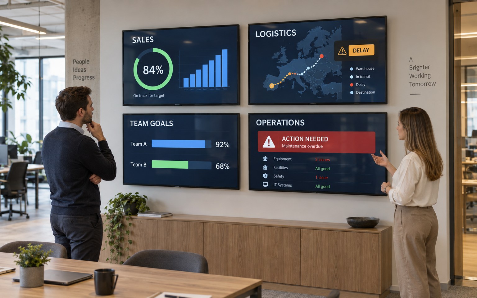 Four separate office screens showing sales, logistics, team goals and operations dashboards