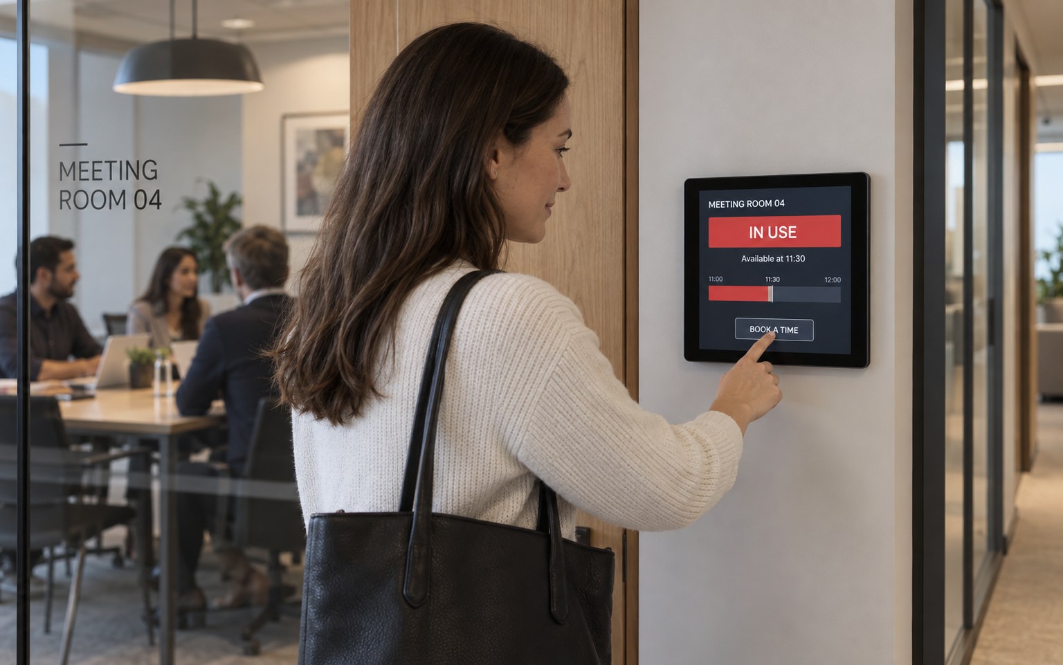 An employee booking a meeting room using a small wall-mounted touchscreen beside the door