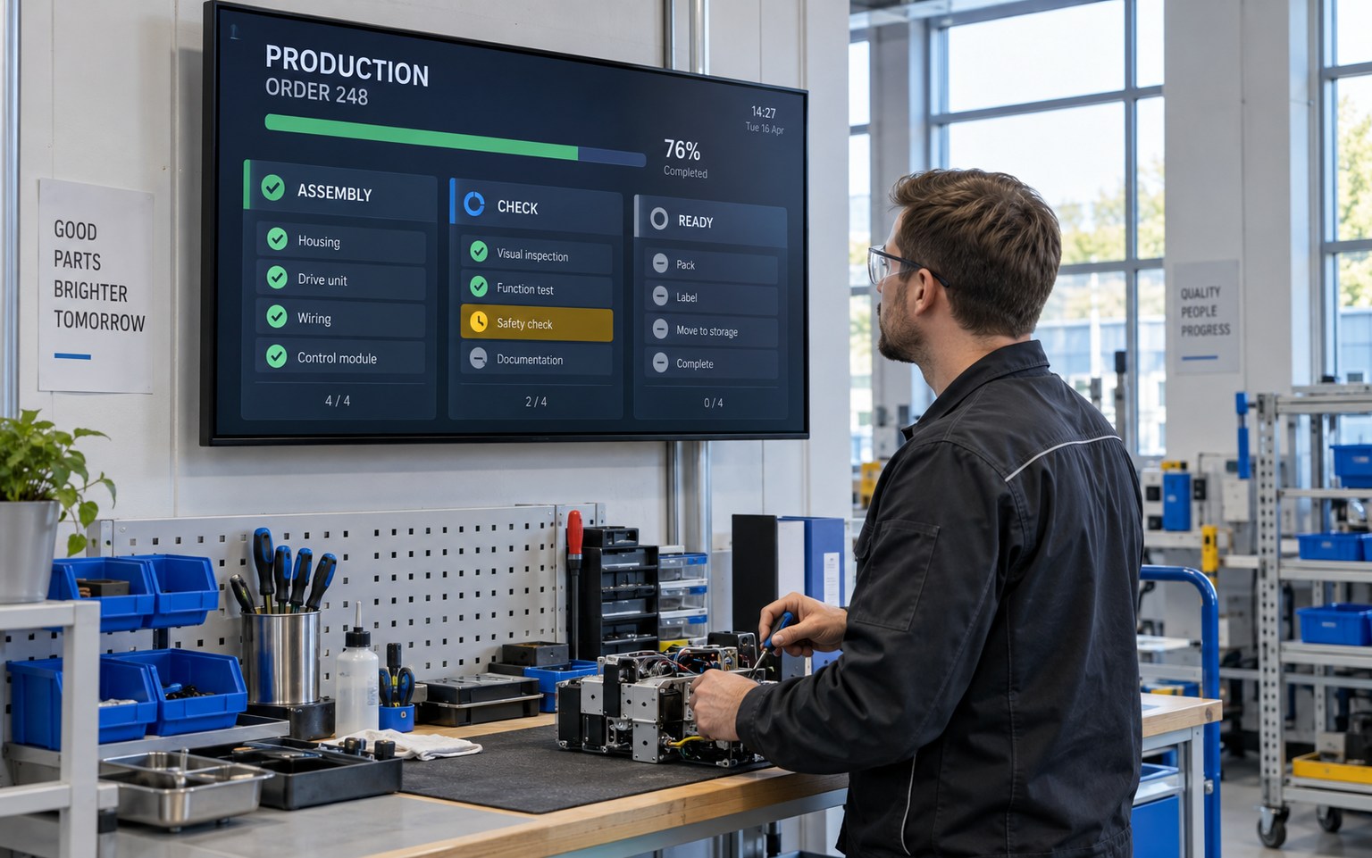An assembly worker beside a screen displaying production order status