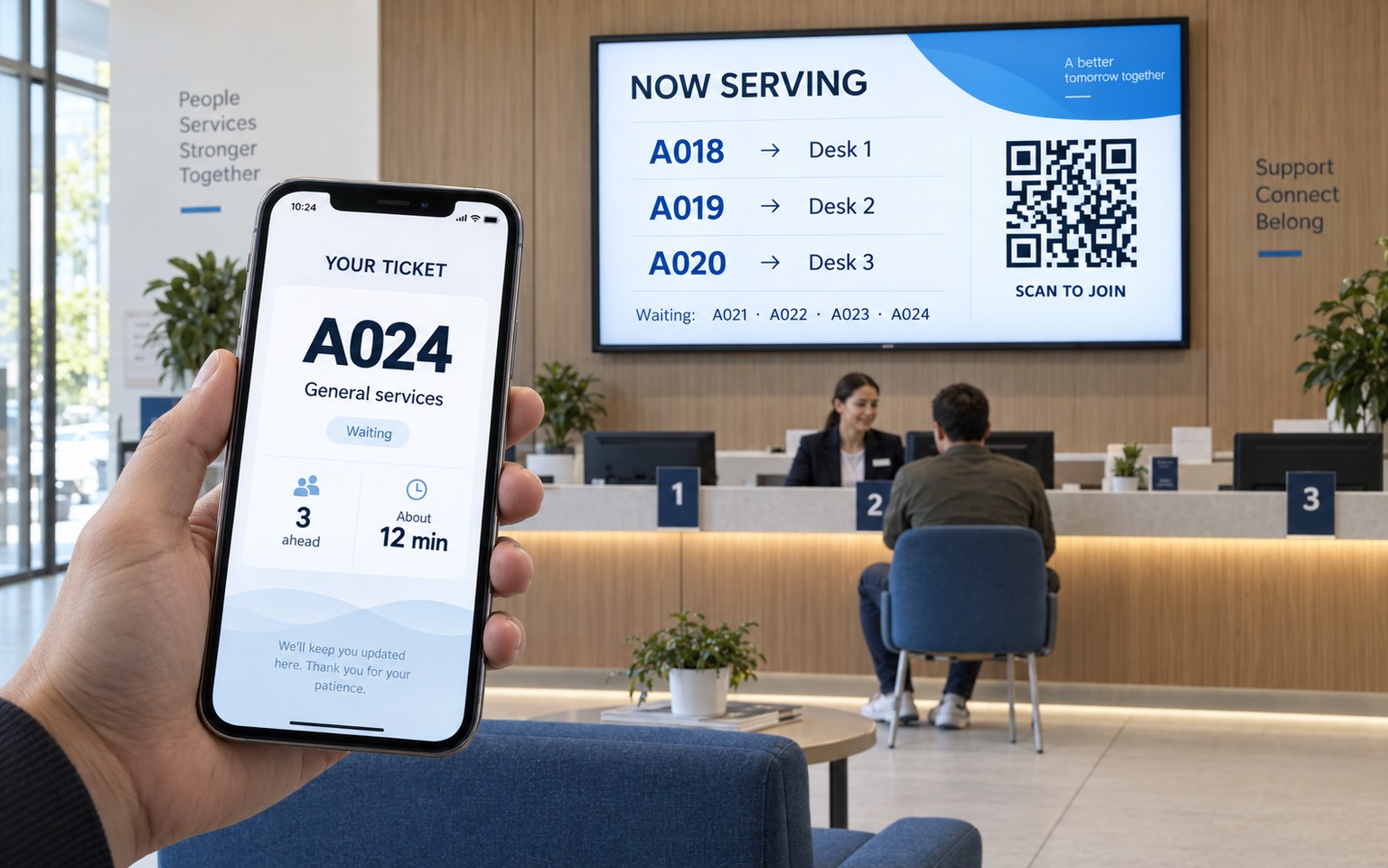 A smartphone showing a queue ticket and estimated wait in front of a reception queue display
