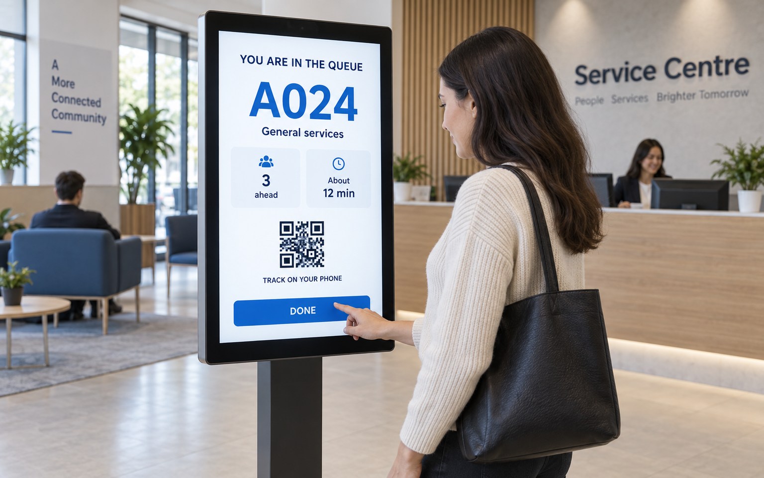 A visitor using a touchscreen queue terminal with a ticket number and a phone tracking QR code