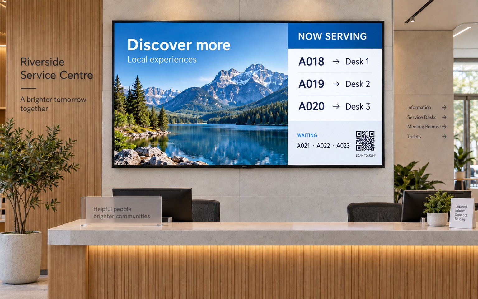 A reception display with advertising on the left and a queue status panel on the right