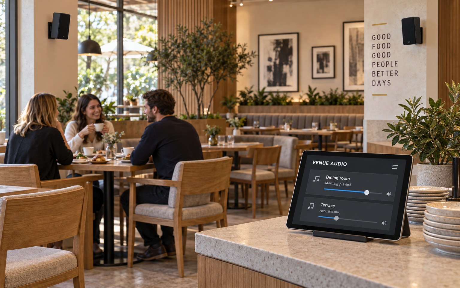 A welcoming restaurant with wall-mounted speakers and a tablet controlling background music