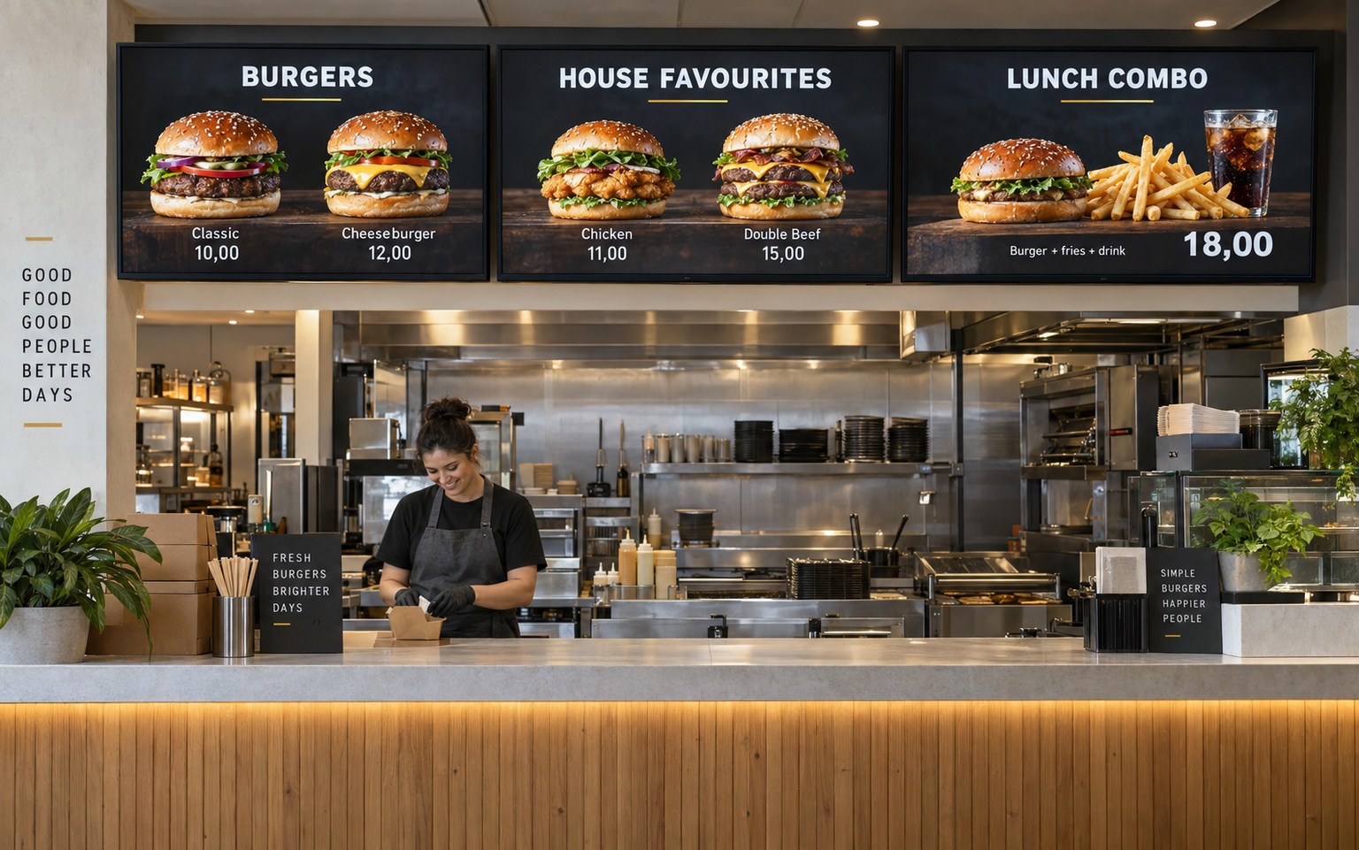 A modern burger restaurant counter with three dark-themed digital menu screens