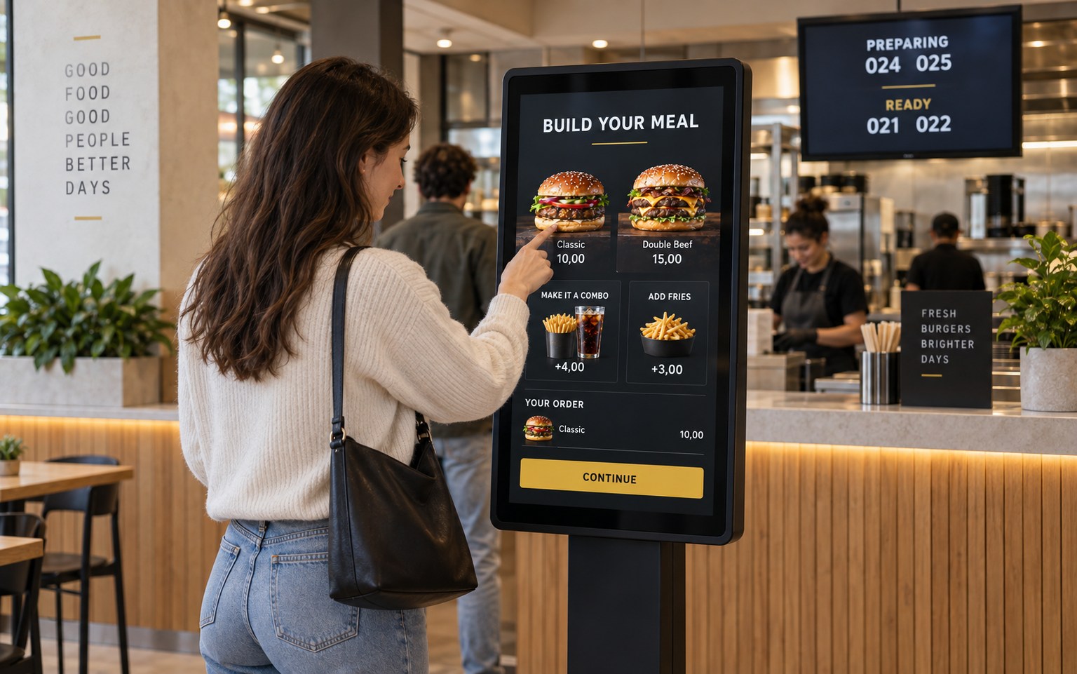 A burger restaurant guest orders on a portrait touchscreen beside an order-ready display