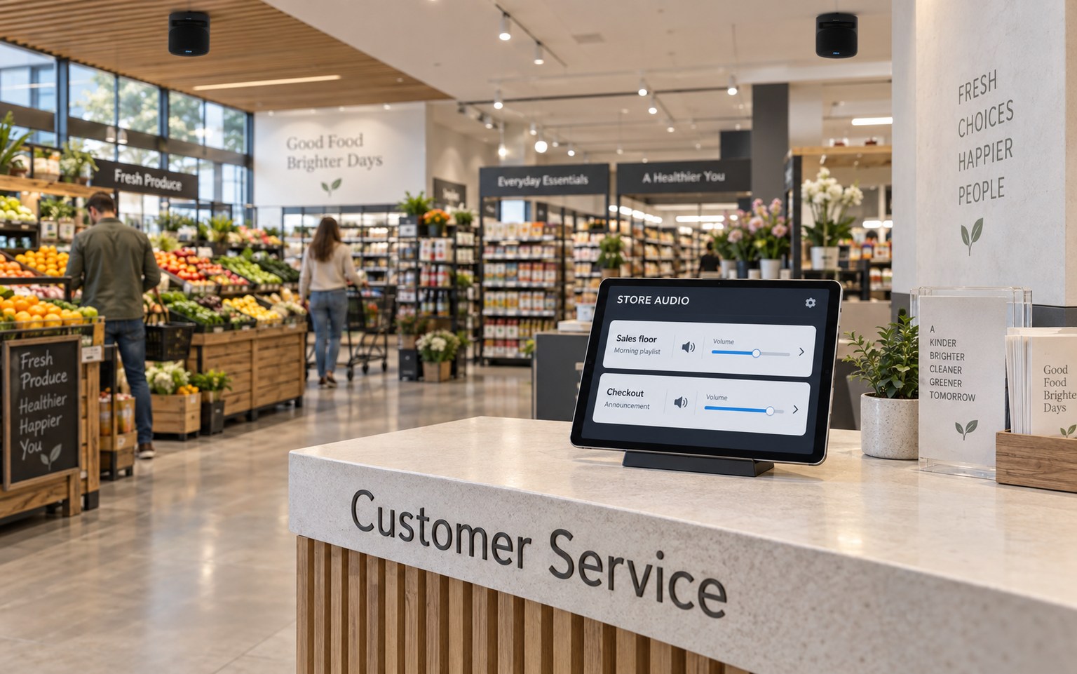 Tablet pro hudbu a hlášení v supermarketu se stropními reproduktory