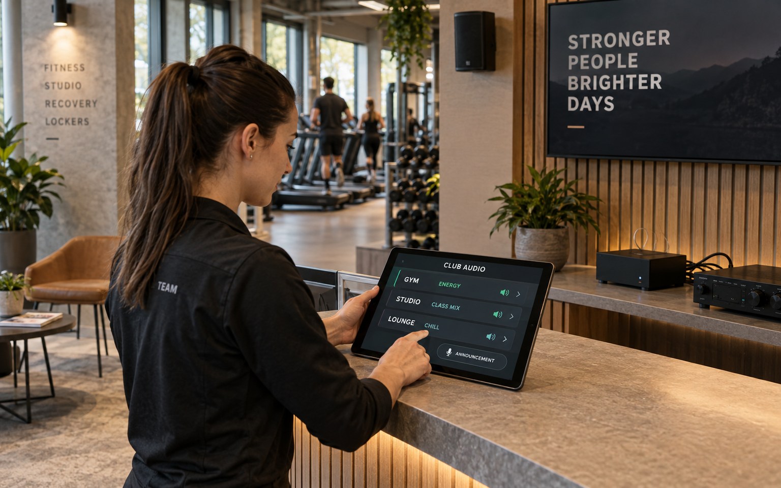 Addetta del fitness club gestisce musica e annunci per diverse zone da un tablet