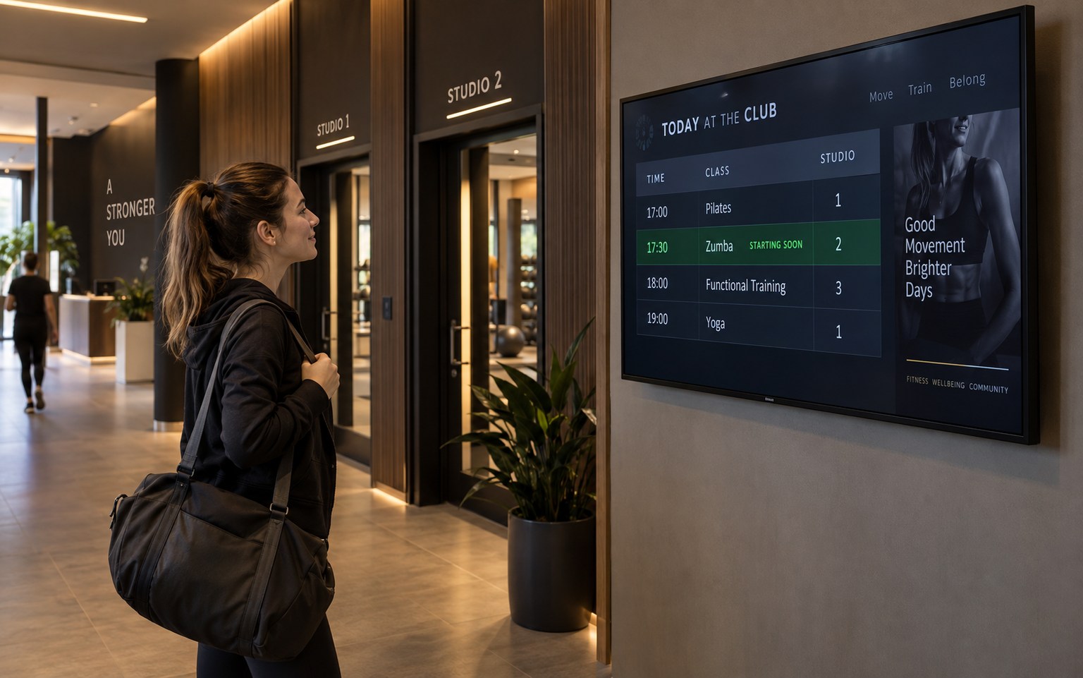 Schermo con orari di Pilates, Zumba e yoga nel corridoio di un fitness club