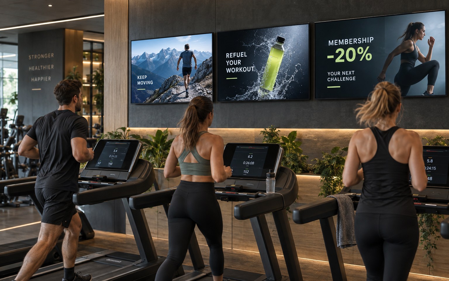Persone sui tapis roulant davanti a tre schermi con video sportivi e offerte del club