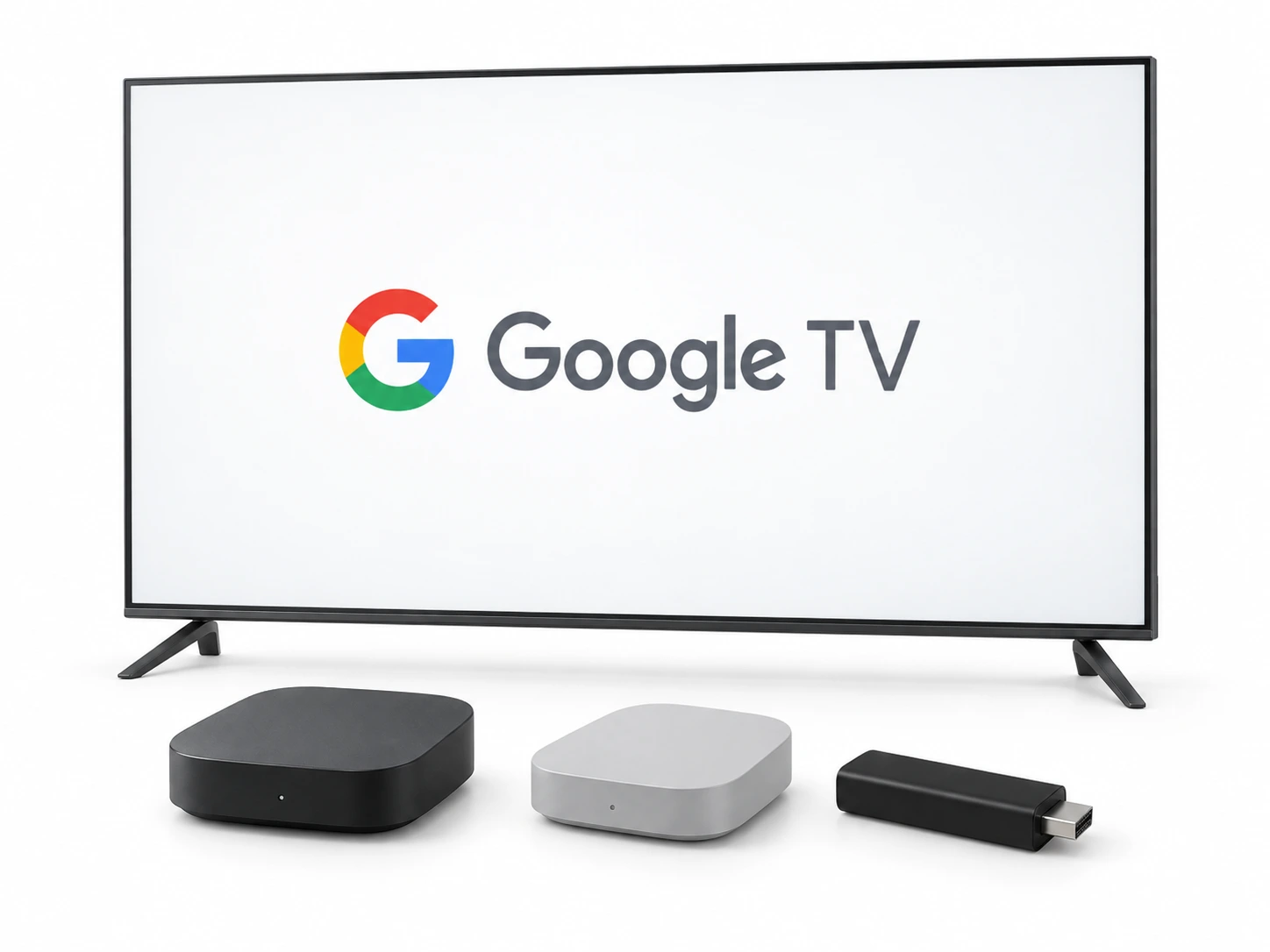 Television with Google TV, two TV boxes and a TV Stick