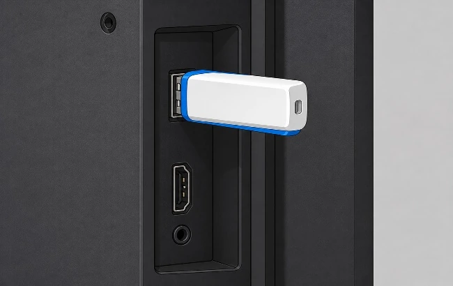Włóż pamięć USB z plikiem instalacyjnym do portu USB telewizora.